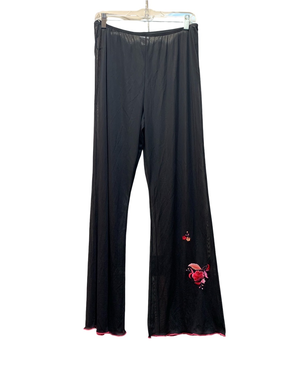 Shirley of Hollywood Black Sheer Wide-Leg Pajama Pants with Red Floral Detail